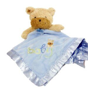 Child of Mine Blue Bear Lovey Security Blanket Satin Trim Rattle Minky Plush